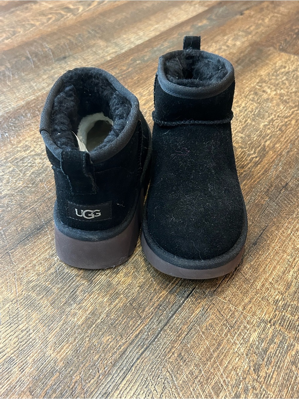 UGG Kids Black Suede Short Plush-Lined Boot